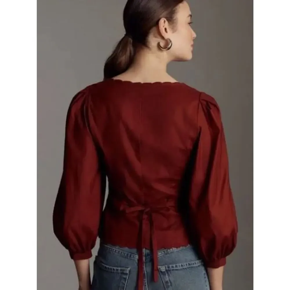 NEW Reformation Elianna Button-Up Blouse Top Cotton Burgundy Red Size 10